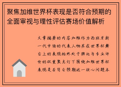 聚焦加维世界杯表现是否符合预期的全面审视与理性评估赛场价值解析