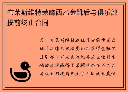 布莱斯维特荣膺西乙金靴后与俱乐部提前终止合同 布莱斯维特荣膺西乙金靴后与俱乐部提前终止合同